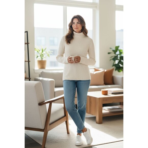 Neiman Marcus Exclusive 100% Silk Ribbed Turtleneck Sweater Cream M NWT - Picture 1 of 16